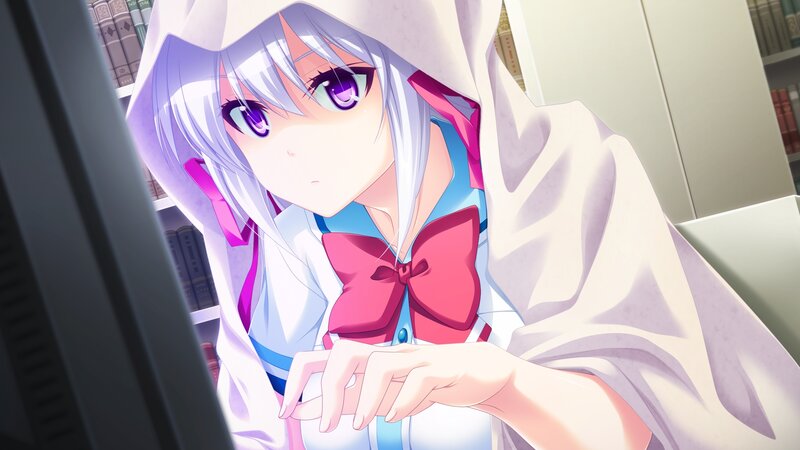 Anime Girl with Purple Eyes — White, Calm, Bookshelf