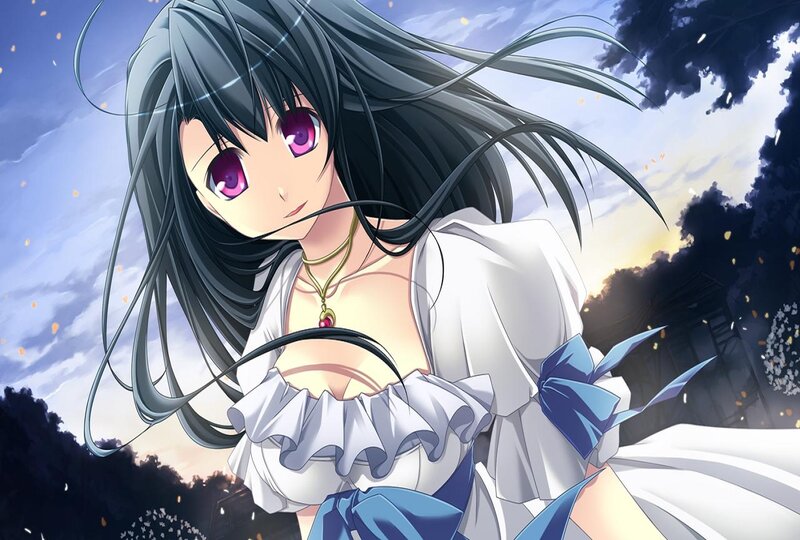 Anime Girl with Purple Eyes — White, Dramatic, Sunset