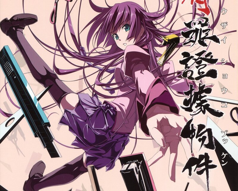 anime girl with purple hair and weapons