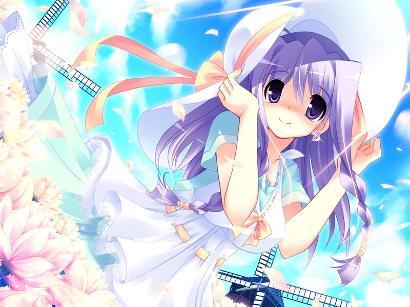 Anime Girl with Purple Hair — Blue, Cheerful