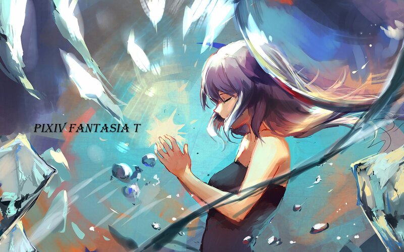 Anime Girl with Purple Hair — Blue, Dramatic, Digital Art, Shattered Glass