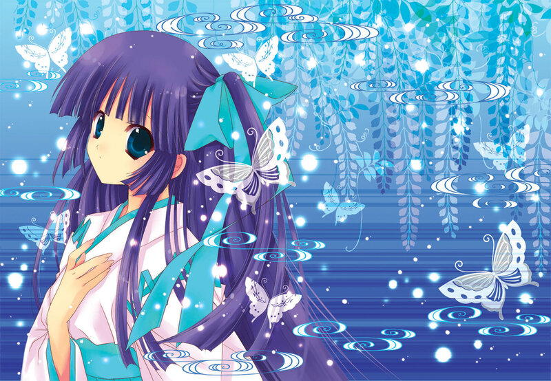 Anime Girl with Purple Hair — Blue, Serene, Butterflies