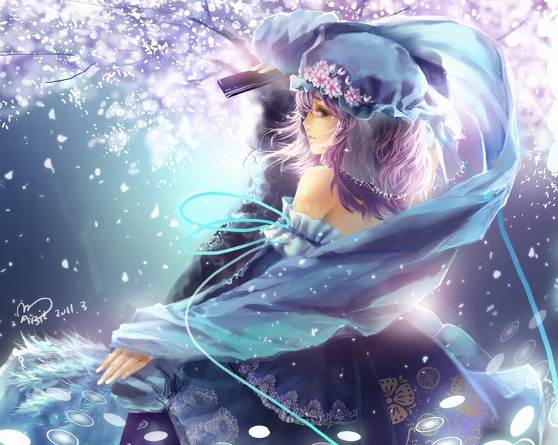 Anime Girl with Purple Hair — Blue, Serene, Spring