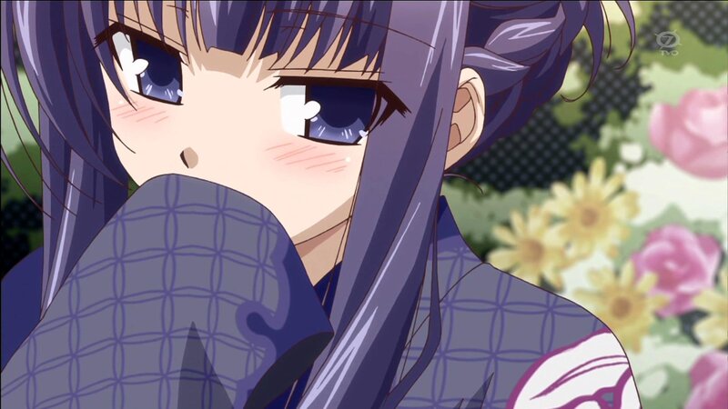 Anime Girl with Purple Hair — Calm, Afternoon, Flowers, Kimono