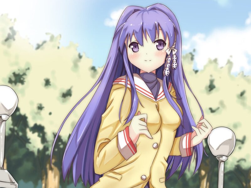 Anime Girl with Purple Hair — Calm, Afternoon, School Uniform, Earrings