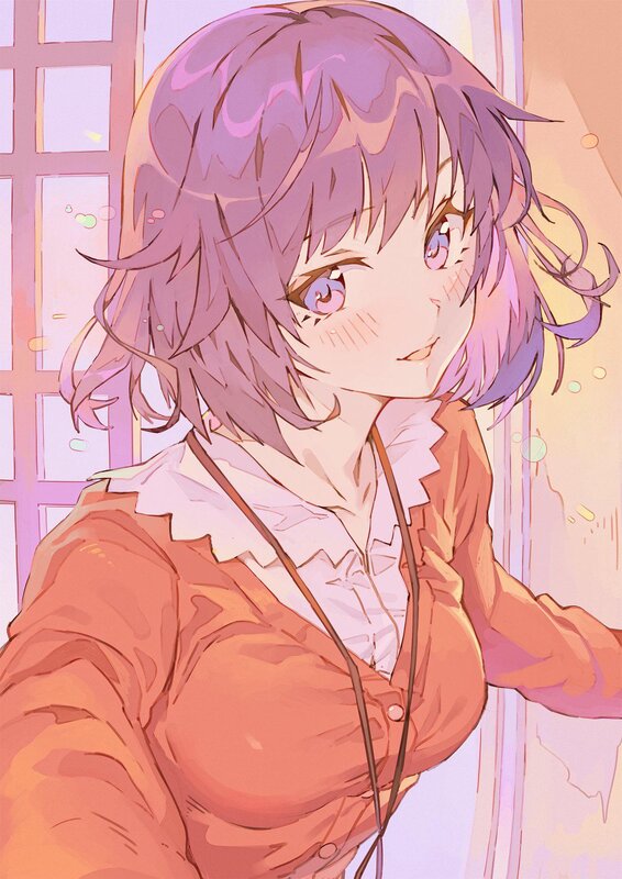 Anime Girl with Purple Hair — Calm, Afternoon, Window, Blush