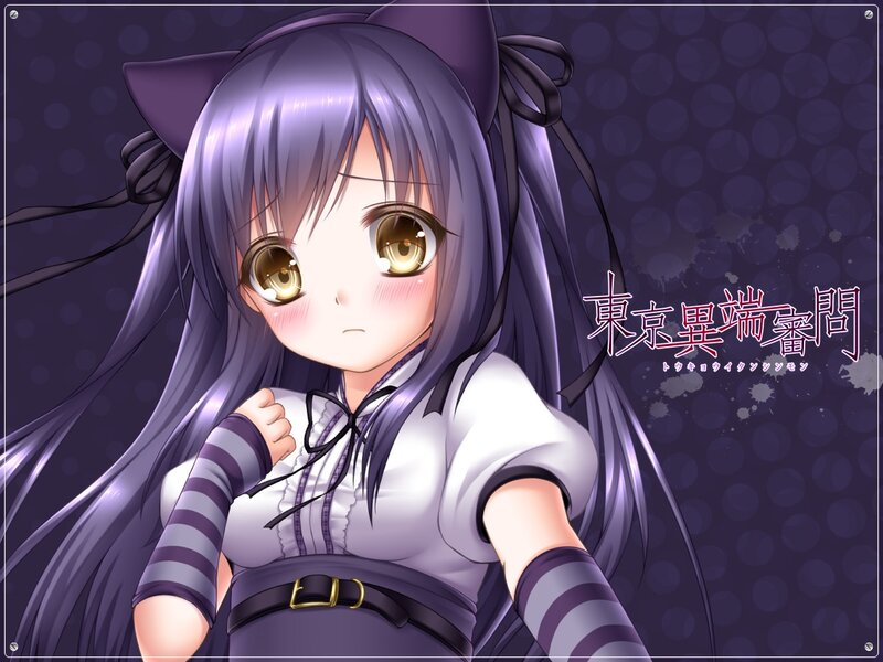 Anime Girl with Purple Hair — Calm, Cat Ears, Striped Sleeves