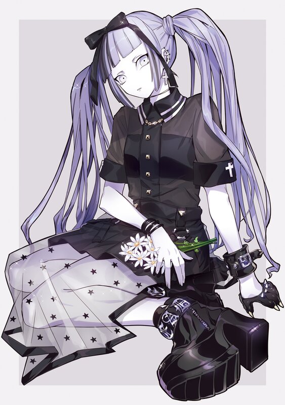 Anime Girl with Purple Hair — Calm, Digital Art, Flowers, Skirt