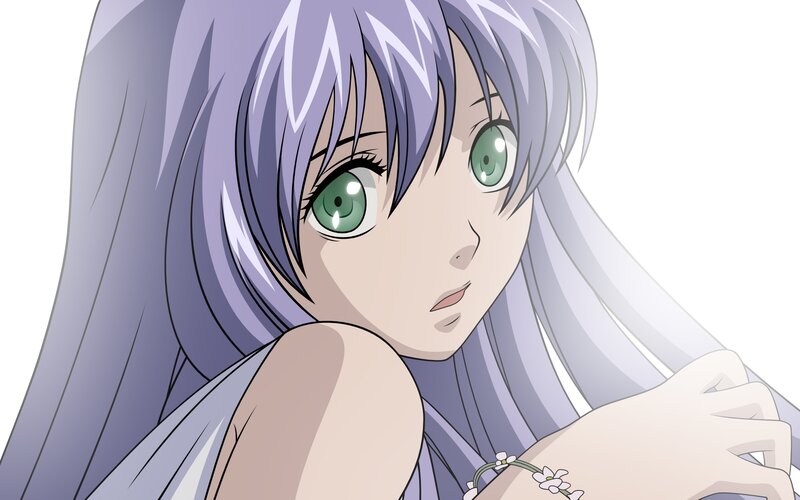 Anime Girl with Purple Hair — Calm, Green Eyes