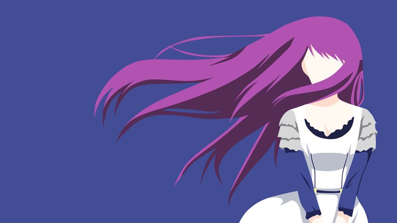 Anime Girl with Purple Hair — Calm, Long Hair, White Dress, Blue Background