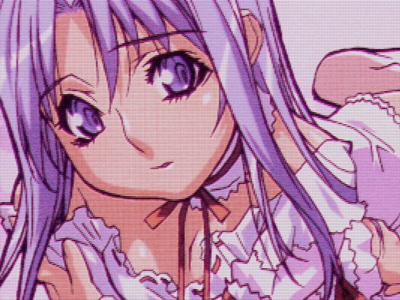 Anime Girl with Purple Hair — Calm, Purple Eyes, Frilly Dress