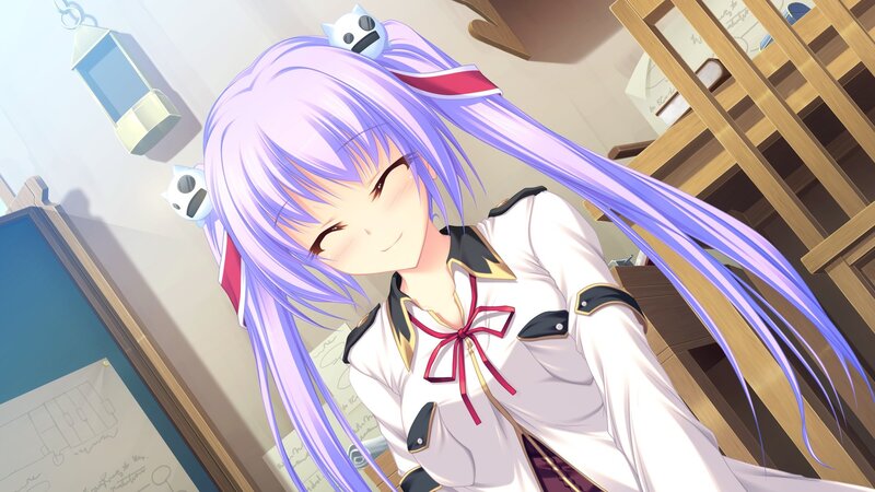 Anime Girl with Purple Hair — Calm, School Uniform, Bookshelf, Lantern