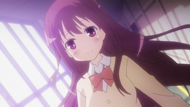 Anime Girl with Purple Hair — Calm, School Uniform, Bow Tie, Window