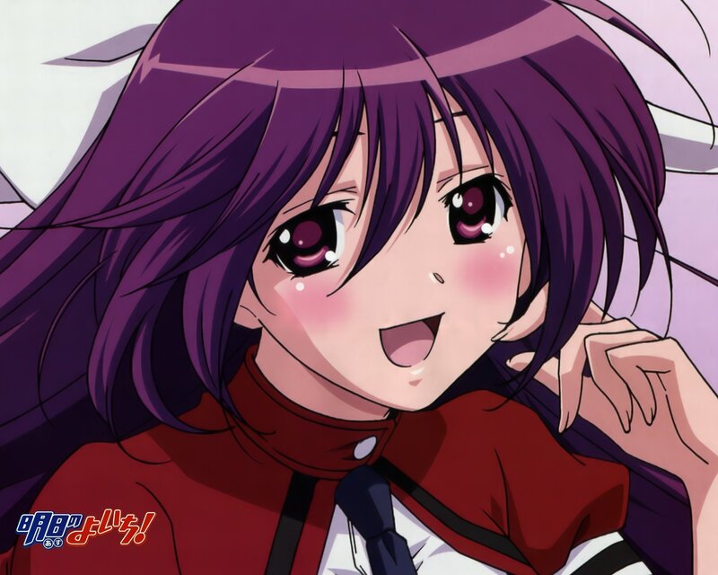 Anime Girl with Purple Hair — Cheerful, Red Shirt