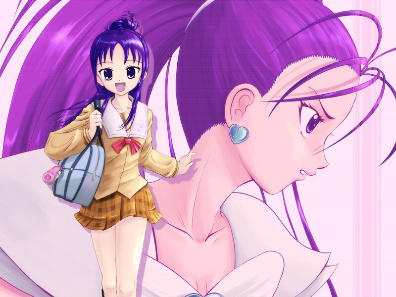 Anime Girl with Purple Hair — Cheerful, School Uniform, Backpack