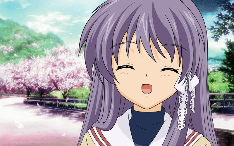 Anime Girl with Purple Hair — Cheerful, Spring, Cherry Blossoms