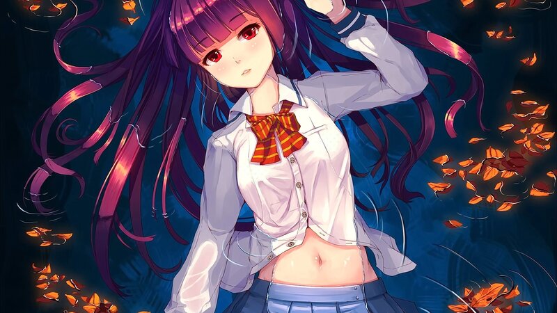 Anime Girl with Purple Hair — Dramatic, Autumn, Digital Art, School Uniform