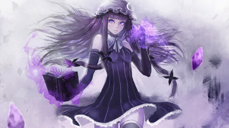 Anime Girl with Purple Hair — Dramatic, Digital Art, Book, Magic