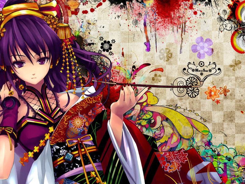 Anime Girl with Purple Hair — Dramatic, Digital Art, Kimono, Flute