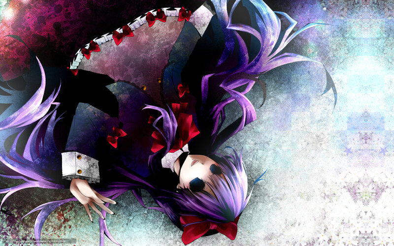 Anime Girl with Purple Hair — Dramatic, Digital Art, Purple Hair, Red Bows, Dark Clothing