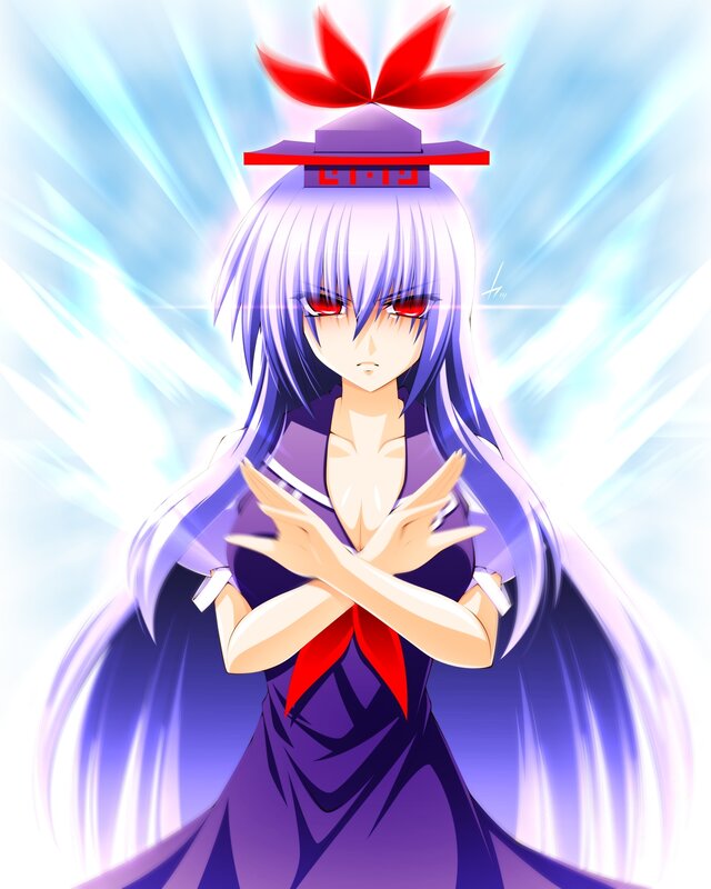 Anime Girl with Purple Hair — Dramatic, Digital Art, Red Bow