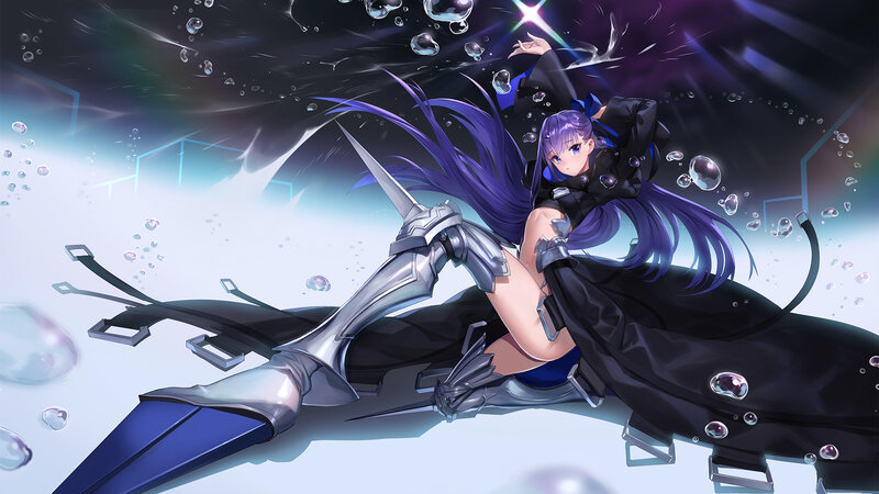 Anime Girl with Purple Hair — Dramatic, Digital Art, Sword, Bubbles