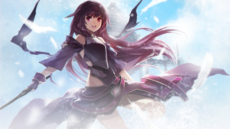 Anime Girl with Purple Hair — Dramatic, Digital Art, Sword, Feathers