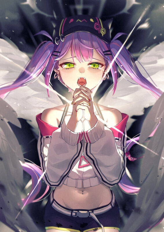 Anime Girl with Purple Hair — Dramatic, Digital Art, Wings, Cap