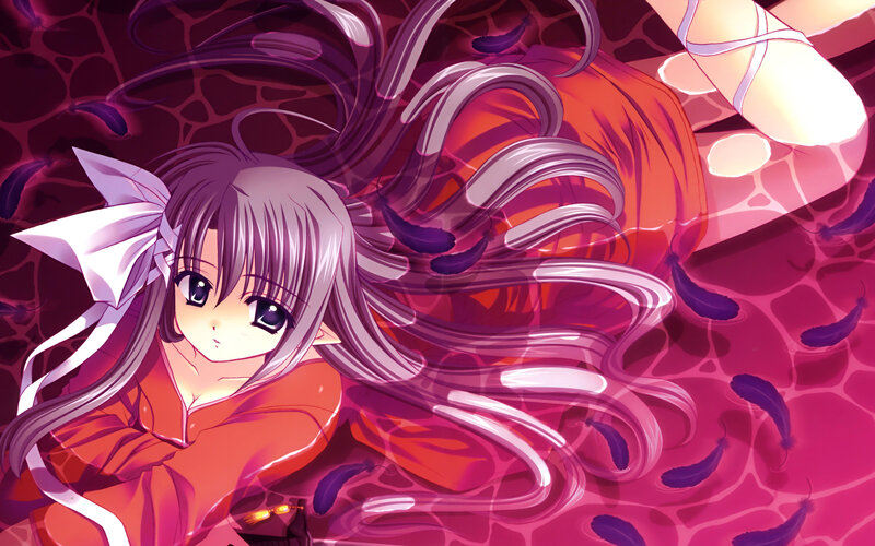 Anime Girl with Purple Hair — Dramatic, Feathers, Kimono