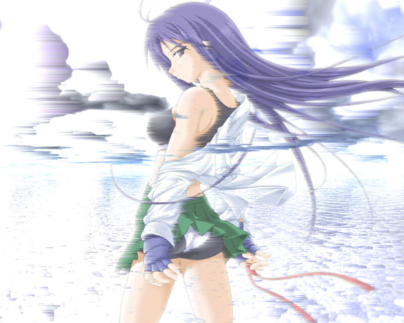 Anime Girl with Purple Hair — Dramatic, Long Hair, White Shirt, Green Skirt