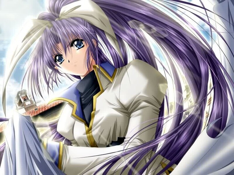 Anime Girl with Purple Hair — Dramatic, Long Hair, White Uniform, Blue Eyes