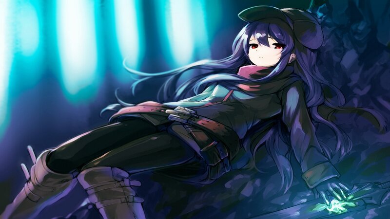 Anime Girl with Purple Hair — Dramatic, Night, Digital Art, Gun, Glowing Hand