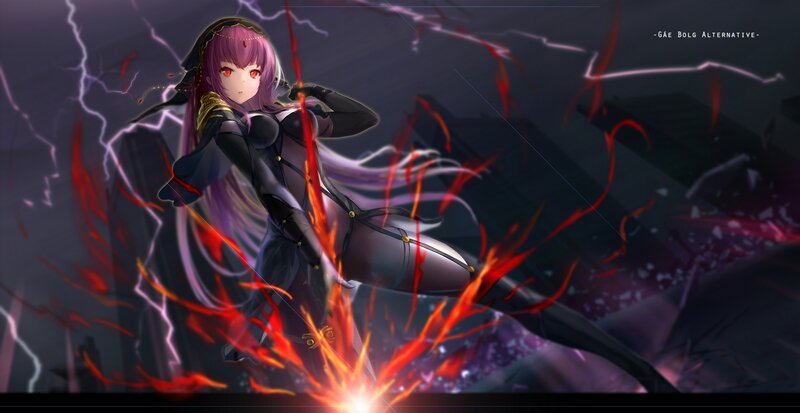 Anime Girl with Purple Hair — Dramatic, Night, Digital Art, Lightning, Fire