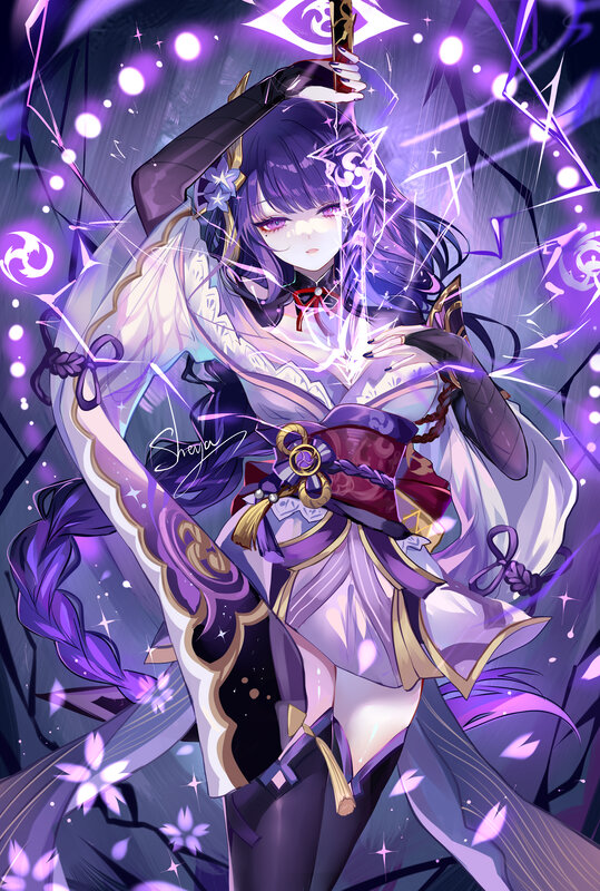 Anime Girl with Purple Hair — Dramatic, Night, Digital Art, Sword, Magic
