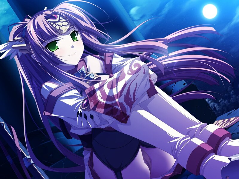 Anime Girl with Purple Hair — Dramatic, Night, Moon, Night Sky, Armor