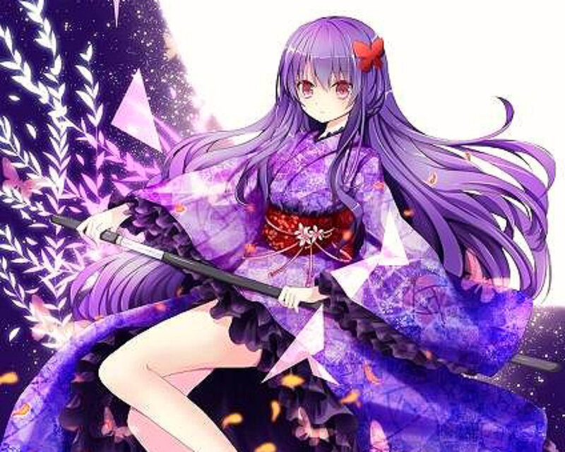 Anime Girl with Purple Hair — Dramatic, Night, Sword, Kimono