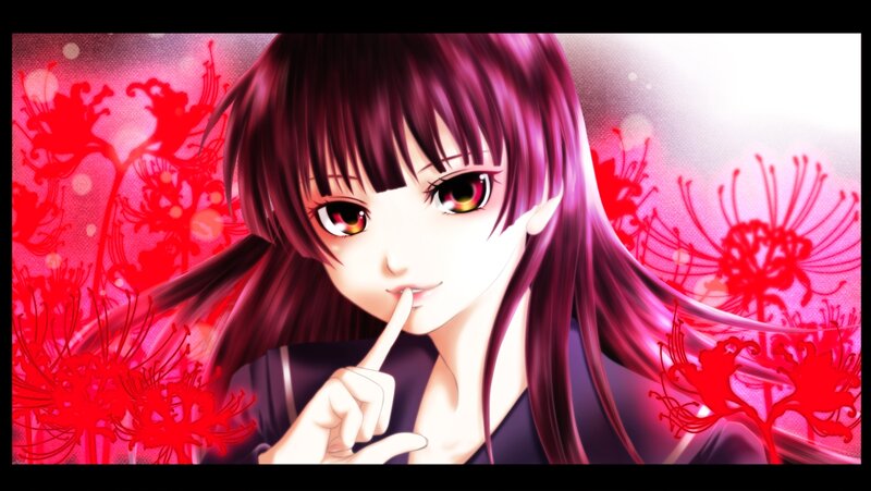 Anime Girl with Purple Hair — Dramatic, Red Flowers