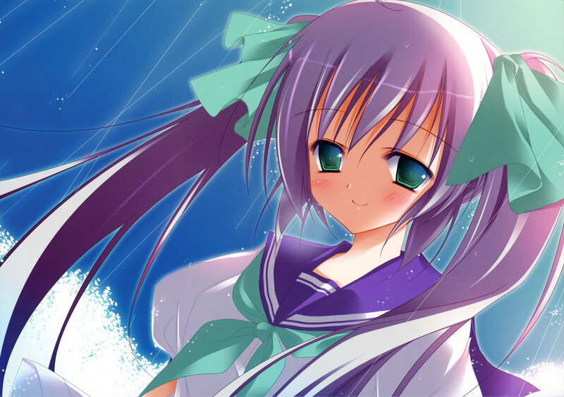 Anime Girl with Purple Hair — Dramatic, School Uniform, Rain