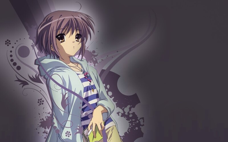Anime Girl with Purple Hair — Dramatic, Striped Shirt