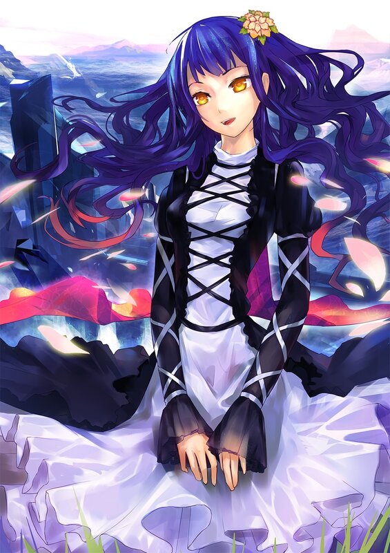Anime Girl with Purple Hair — Dramatic, Sunset, Digital Art, Flower