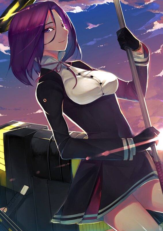 Anime Girl with Purple Hair — Dramatic, Sunset, Digital Art, Spear