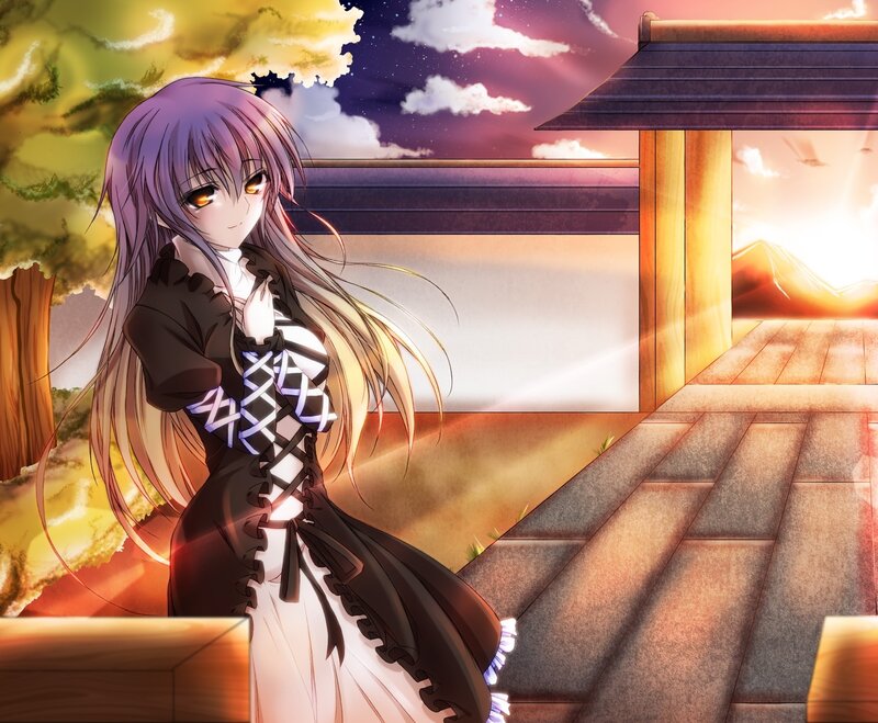 Anime Girl with Purple Hair — Dramatic, Sunset, Digital Art, Tree