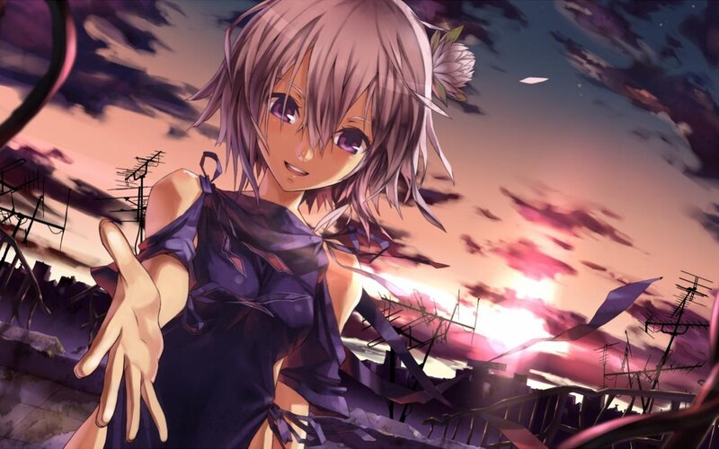 Anime Girl with Purple Hair — Dramatic, Sunset, Flower