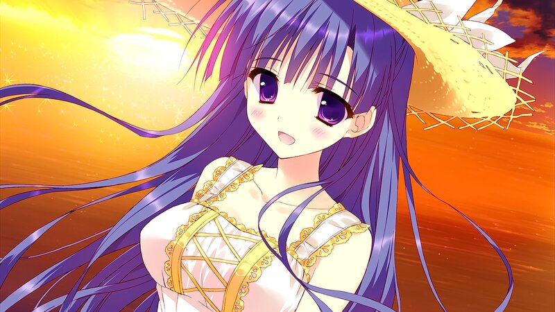 Anime Girl with Purple Hair — Dramatic, Sunset, Hat