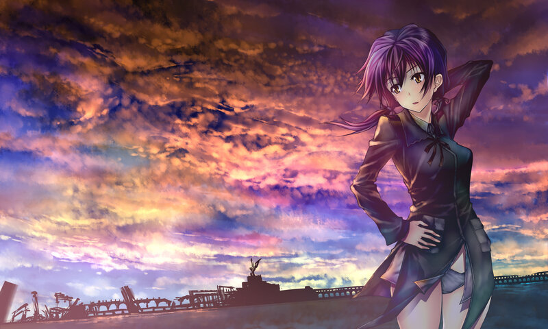 Anime Girl with Purple Hair — Dramatic, Sunset, Ruins