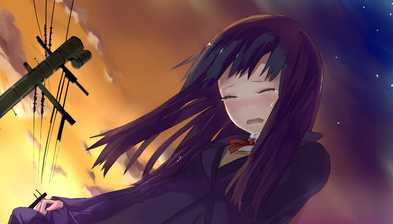 Anime Girl with Purple Hair — Dramatic, Sunset, School Uniform