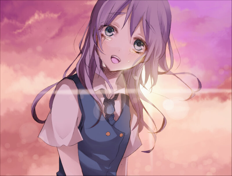 Anime Girl with Purple Hair — Dramatic, Sunset, Tears