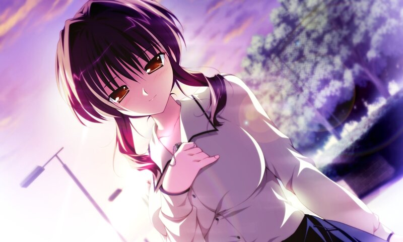 Anime Girl with Purple Hair — Dramatic, Sunset, Tree
