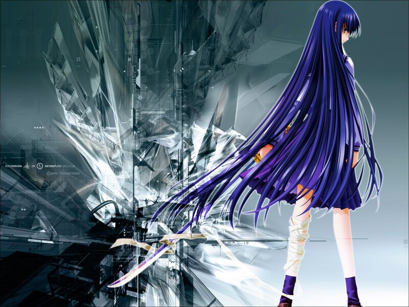 Anime Girl with Purple Hair — Dramatic, Sword, Bandages