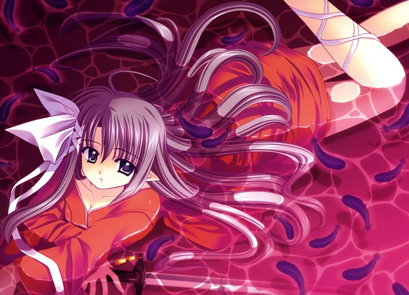 Anime Girl with Purple Hair — Dramatic, Sword, Feathers, Kimono